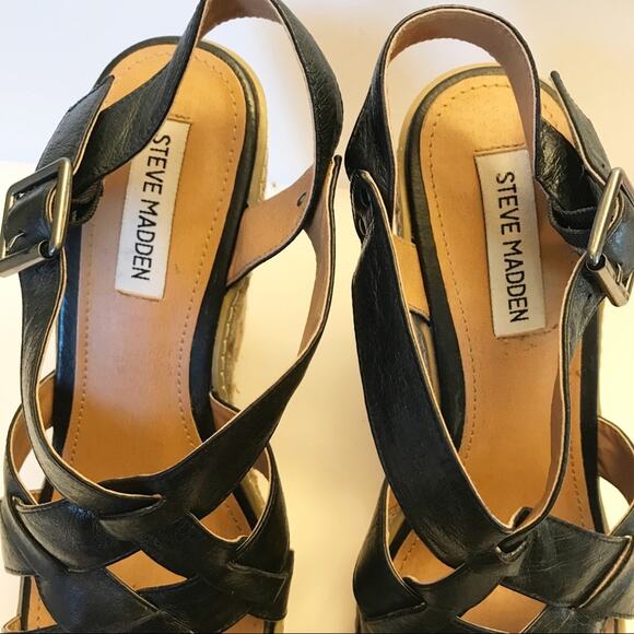 Steve Madden P. Malena Black Leather Wedge 9 Sandals - Picture 6 of 6